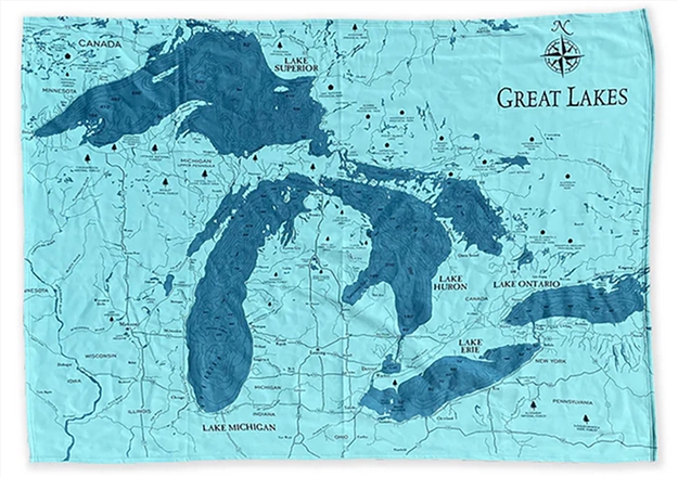 Great lakes Map Blanket | Carved Lake Art | Ocean Blue