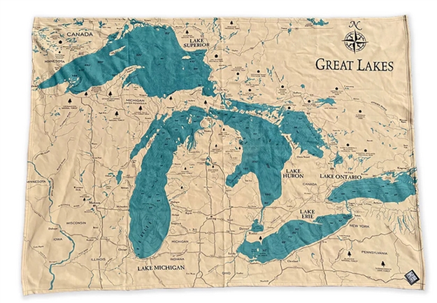 Great lakes Map Blanket | Carved Lake Art | Burlap