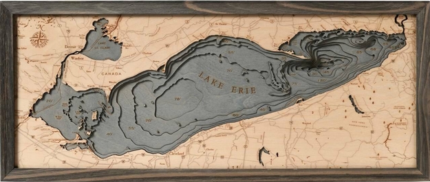 Lake Erie Depth Map | Lake Erie 3D Nautical Wood Map | Driftwood Grey Frame