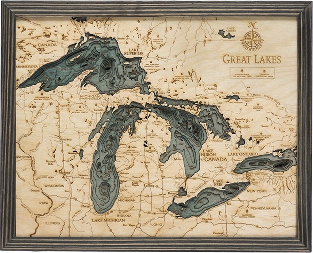 Great Lakes 3D Topographic Wood Map | Great Lakes Wall Art | Driftwood Grey